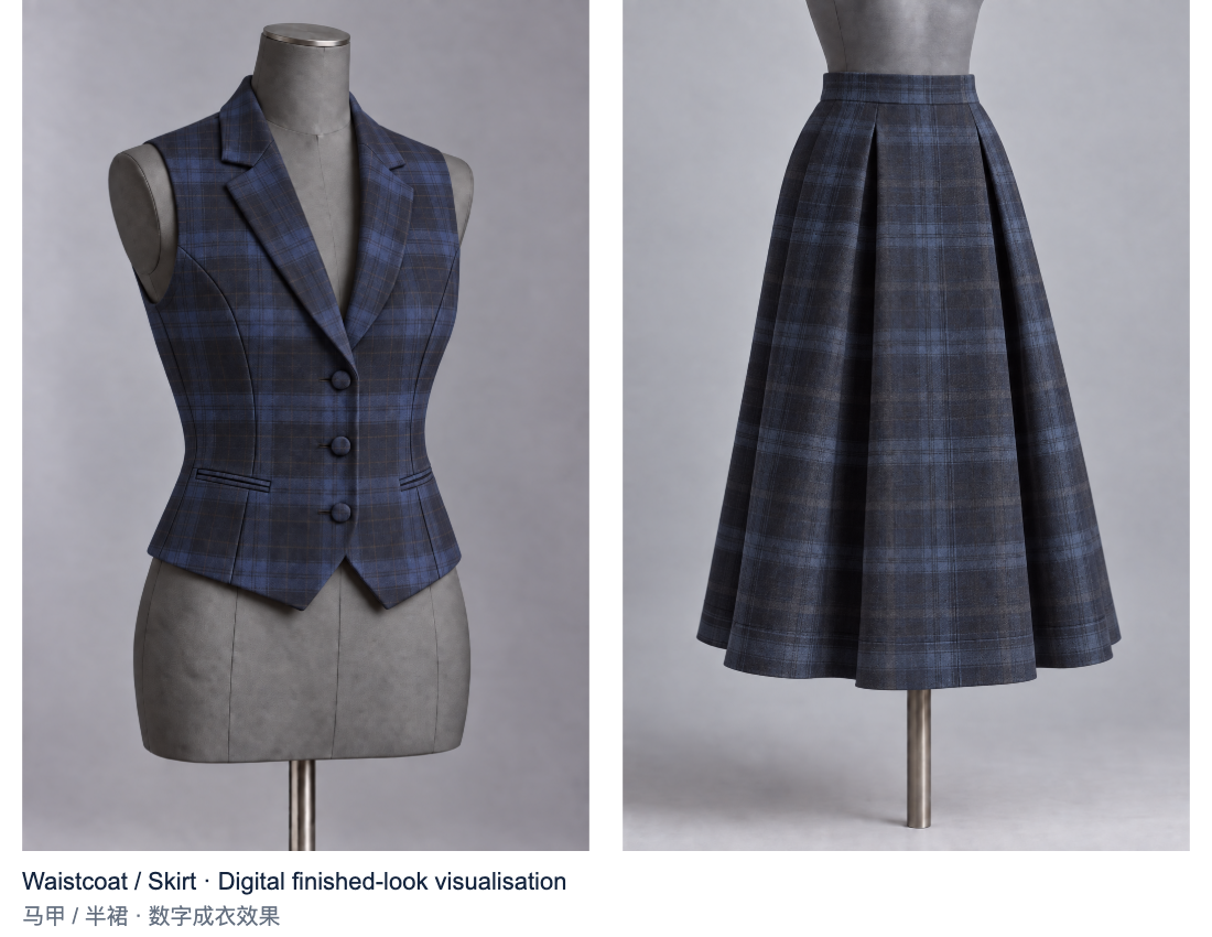 Waistcoat and skirt on grey forms, earlier digital process study / 灰色人台上的马甲与半裙,早期数字过程研究