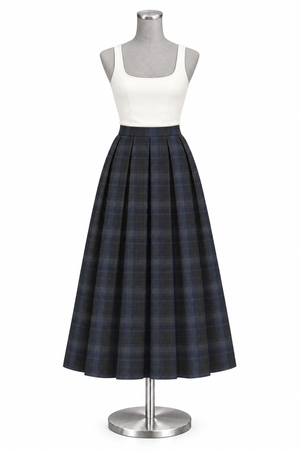 Off-white square-neck sleeveless BraTop and Moonlit Shore navy plaid midi skirt; design visualisation / 纤云米白方领无袖 BraTop 与月汀深蓝格纹半裙,设计效果